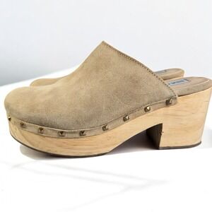 Steve Madden Brooklyn Clog Platform Wood Heel Studded‎ Tan Suede Mules Women 9M